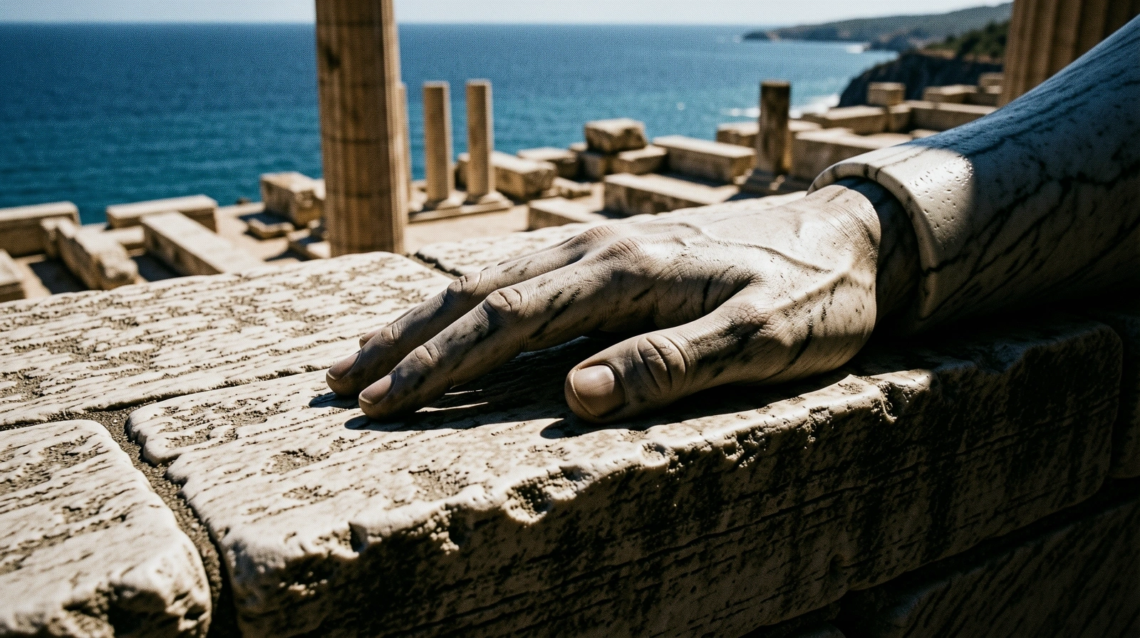 The harsh interplay of light and shadow on Athenian stone