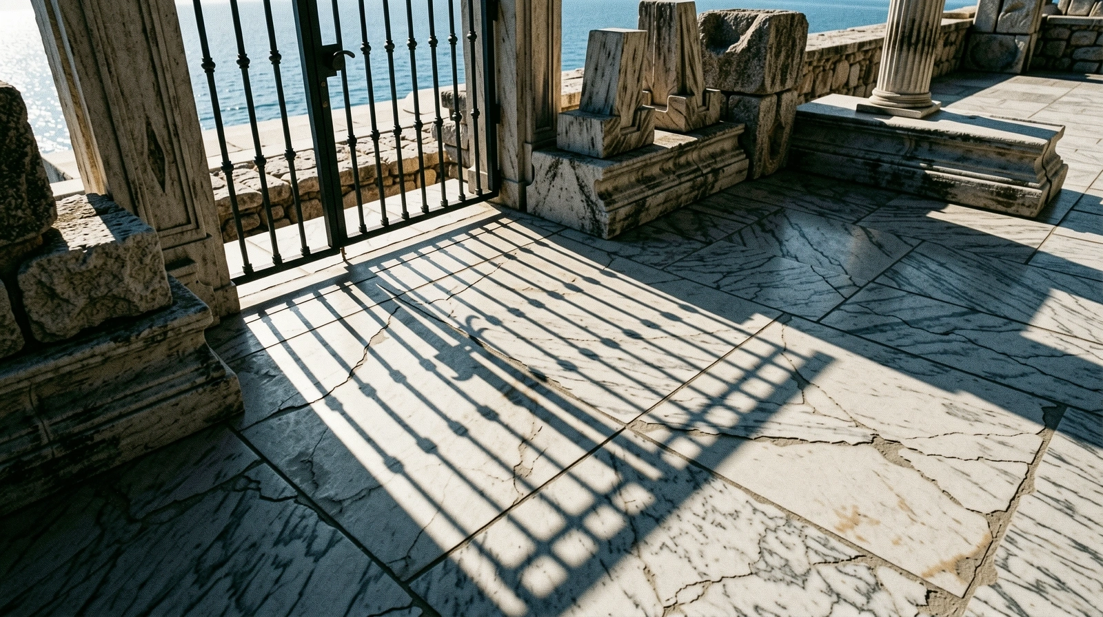 Shadows stretching over Athenian stone at midday