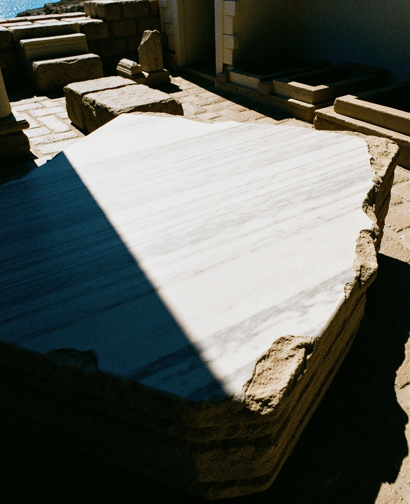 Geometric shadow across marble ruins representing data structure