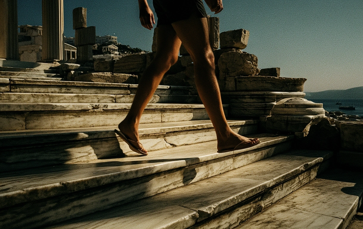 Sunlight hitting ancient stone steps in Athens